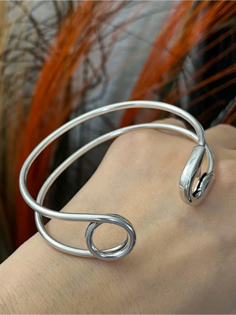 Unisex S925 silver big safety pin cuff bangle bracelet for women girls gift